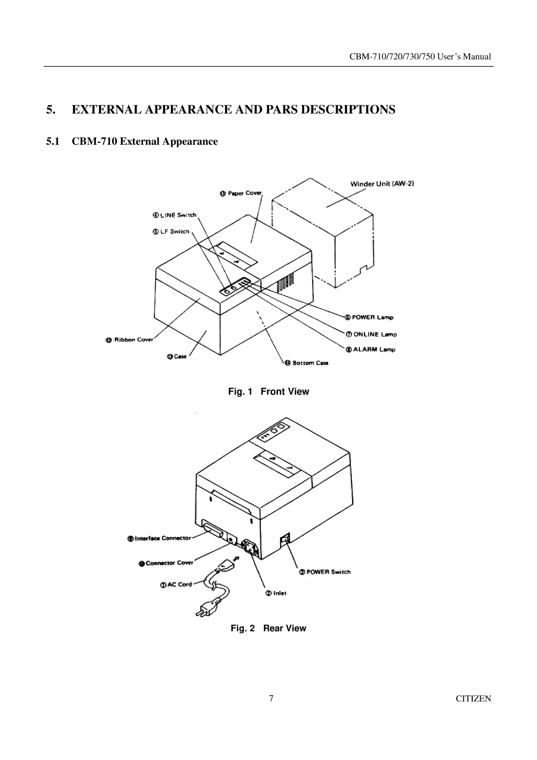 Citizen Systems CBM-750, CBM-720, CBM-730 manual External Appearance and Pars Descriptions, CBM-710 External Appearance 