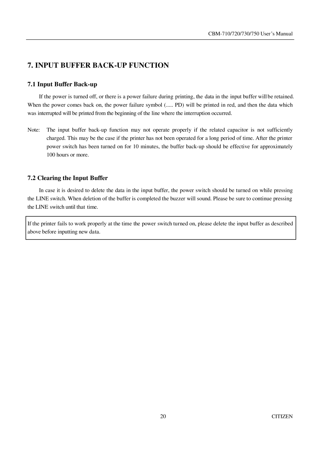 Citizen Systems CBM-730, CBM-720, CBM-750 Input Buffer BACK-UP Function, Input Buffer Back-up, Clearing the Input Buffer 