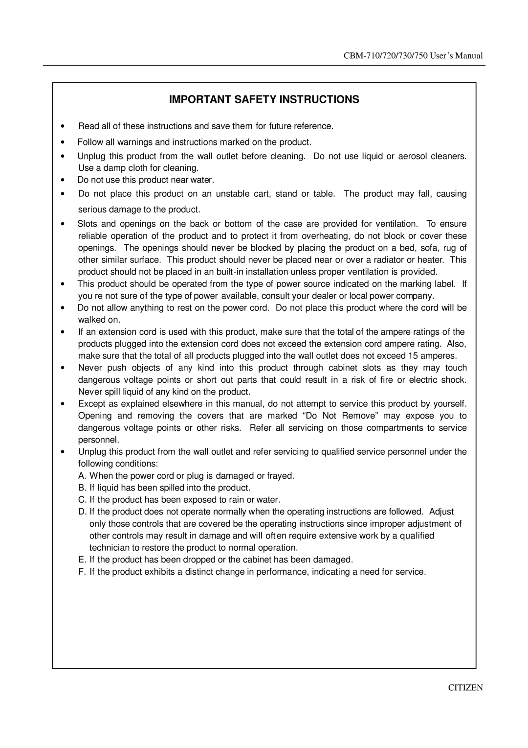 Citizen Systems CBM-720, CBM-750, CBM-730 manual Important Safety Instructions 