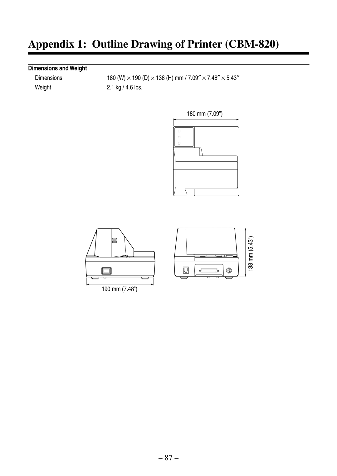 Citizen Systems manual Appendix 1 Outline Drawing of Printer CBM-820, Dimensions and Weight 