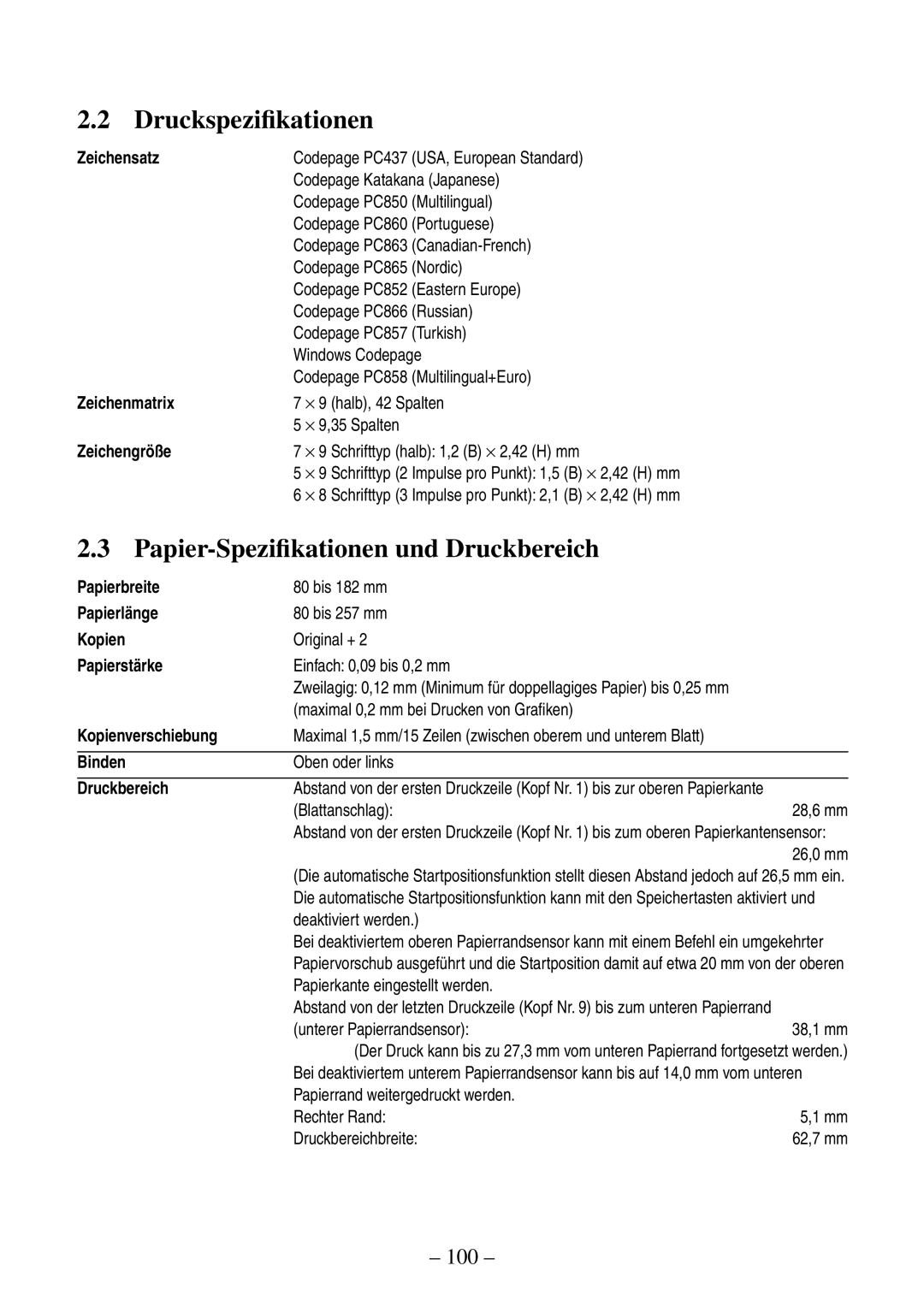 Citizen Systems CBM-820 manual Druckspeziﬁkationen, Papier-Speziﬁkationen und Druckbereich 