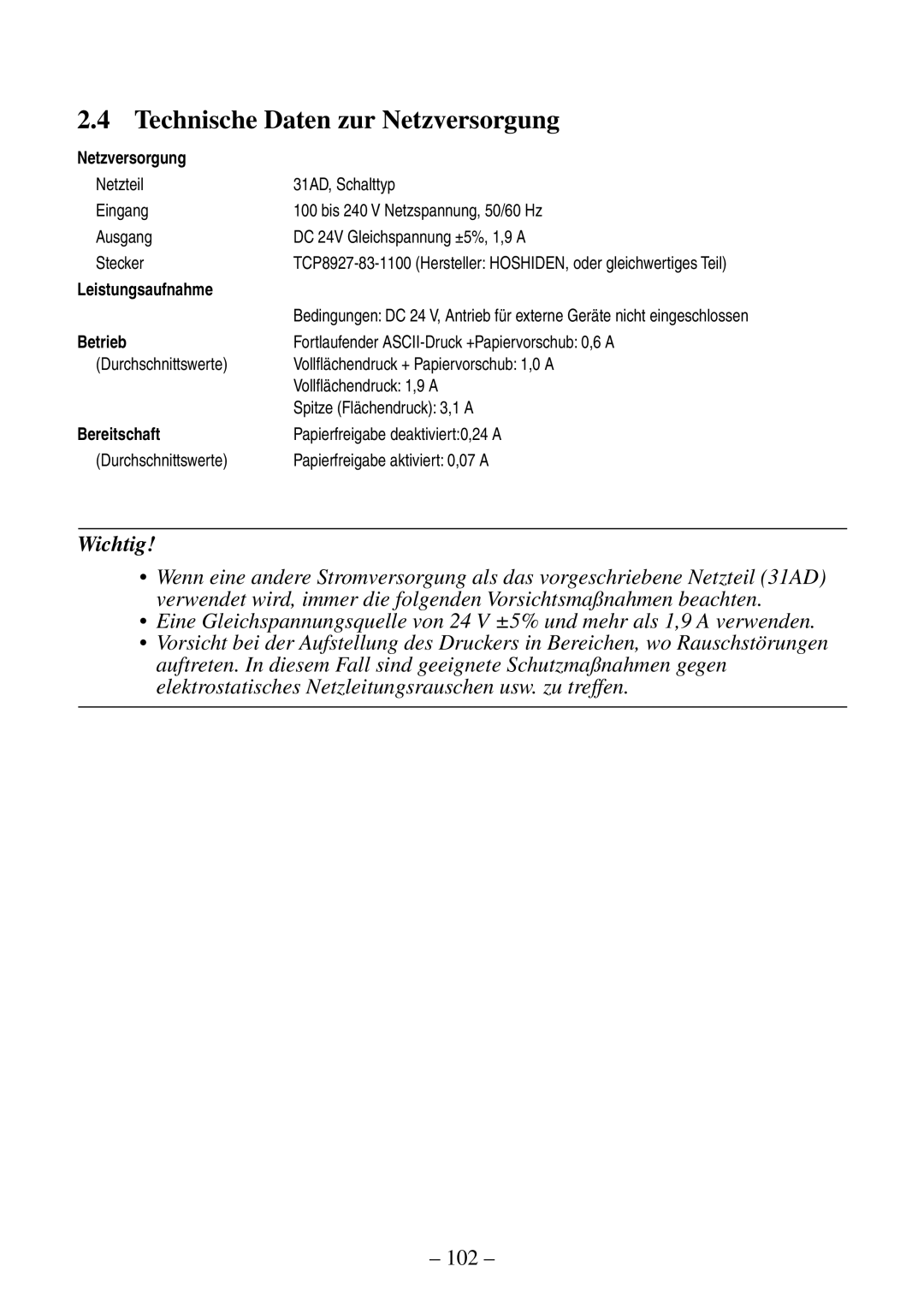 Citizen Systems CBM-820 manual Technische Daten zur Netzversorgung, Leistungsaufnahme, Betrieb, Bereitschaft 