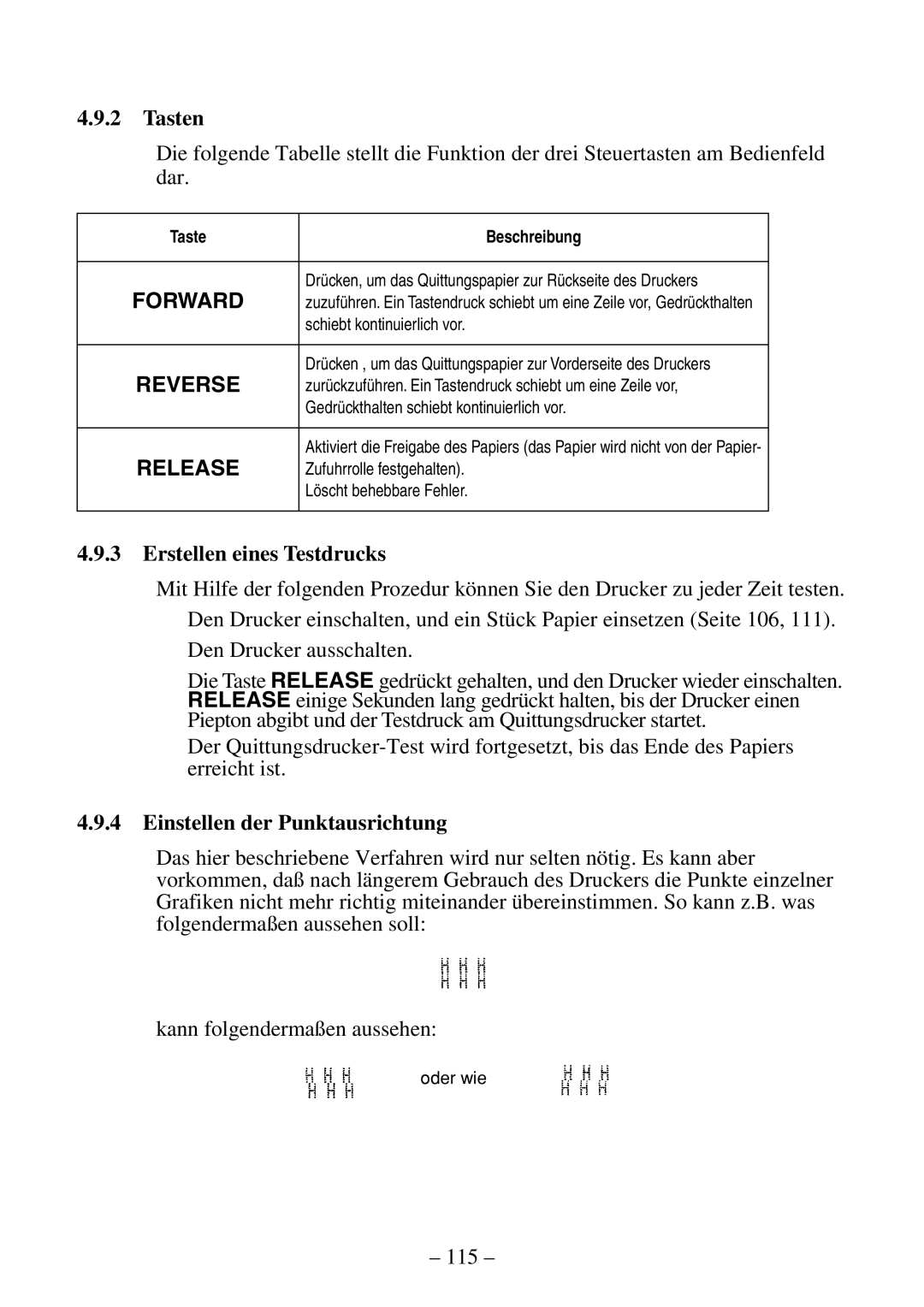 Citizen Systems CBM-820 manual Tasten, Erstellen eines Testdrucks, Einstellen der Punktausrichtung, Taste Beschreibung 