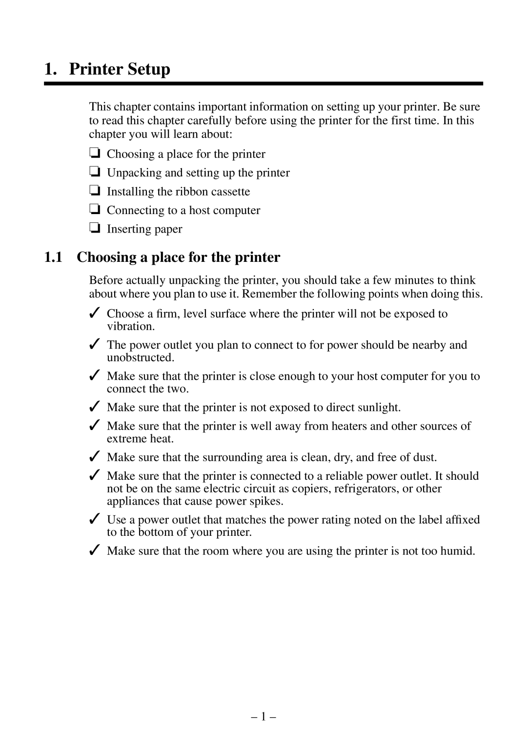 Citizen Systems CBM-820 manual Printer Setup, Choosing a place for the printer 