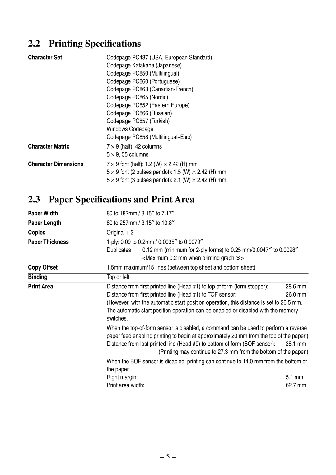 Citizen Systems CBM-820 manual Printing Speciﬁcations, Paper Speciﬁcations and Print Area 