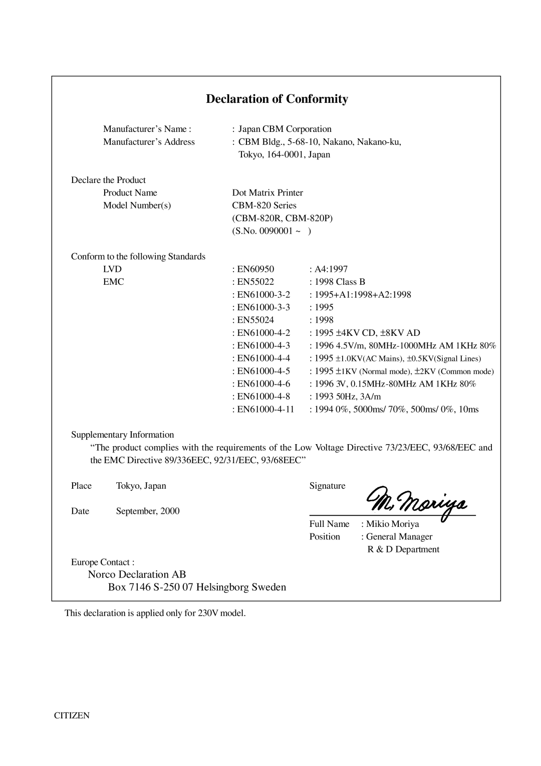 Citizen Systems CBM-820 manual Declaration of Conformity, Emc 