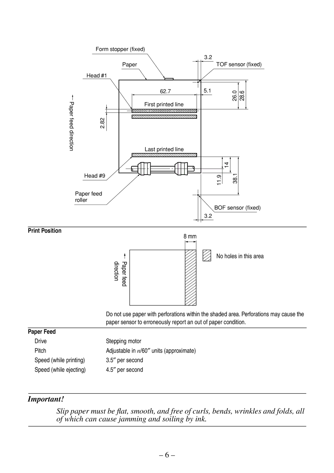 Citizen Systems CBM-820 manual 28.6, Print Position, No holes in this area, Paper Feed 