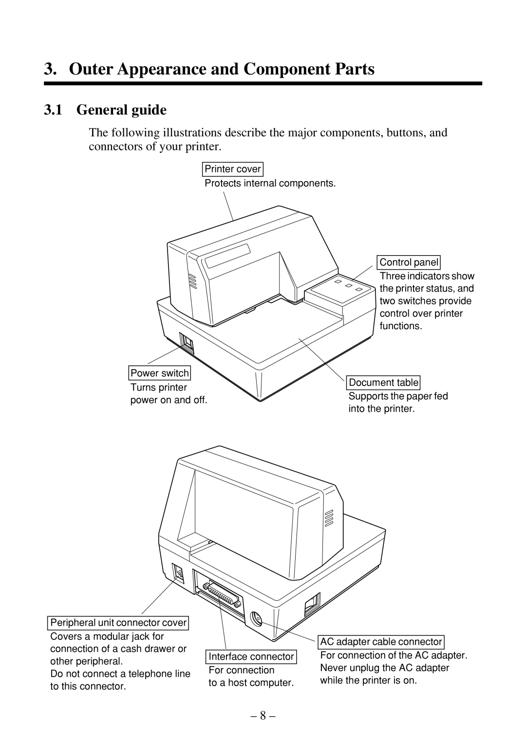 Citizen Systems CBM-820 manual Outer Appearance and Component Parts, General guide 