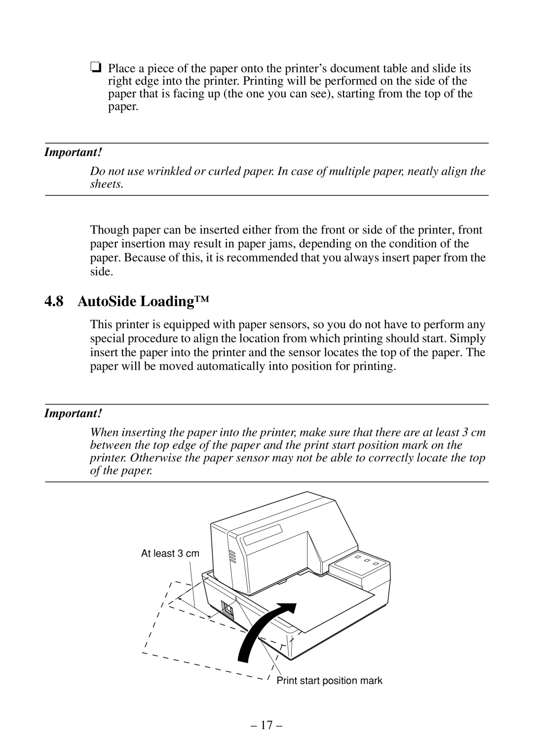 Citizen Systems CBM-820 manual AutoSide Loading, At least 3 cm Print start position mark 