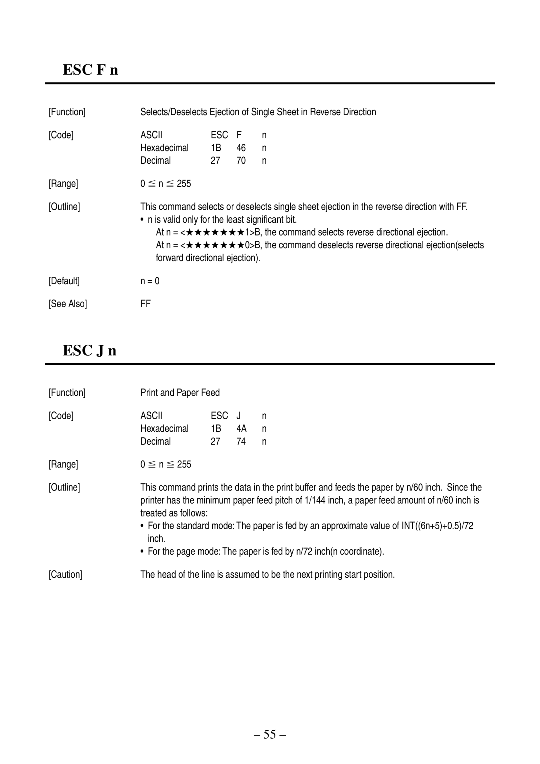 Citizen Systems CBM-820 manual ESC F n, ESC J n, Is valid only for the least signiﬁcant bit, Forward directional ejection 