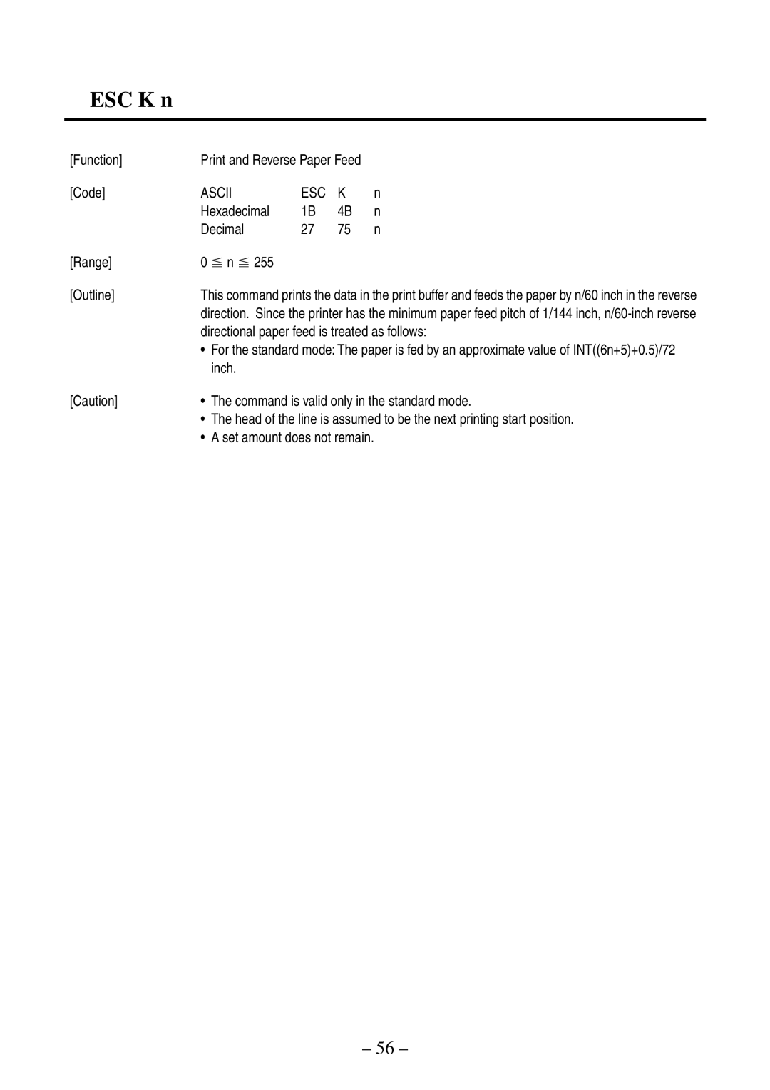 Citizen Systems CBM-820 manual ESC K n, Directional paper feed is treated as follows, Set amount does not remain 