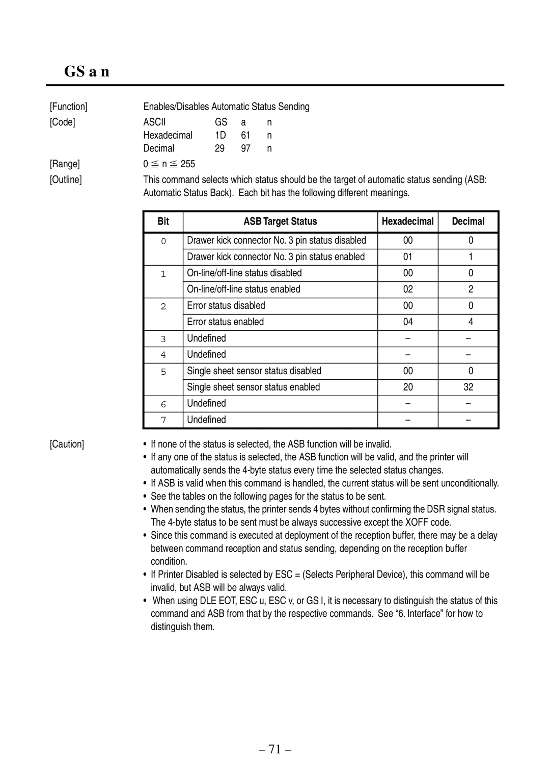 Citizen Systems CBM-820 manual GS a n, ASB Target Status 