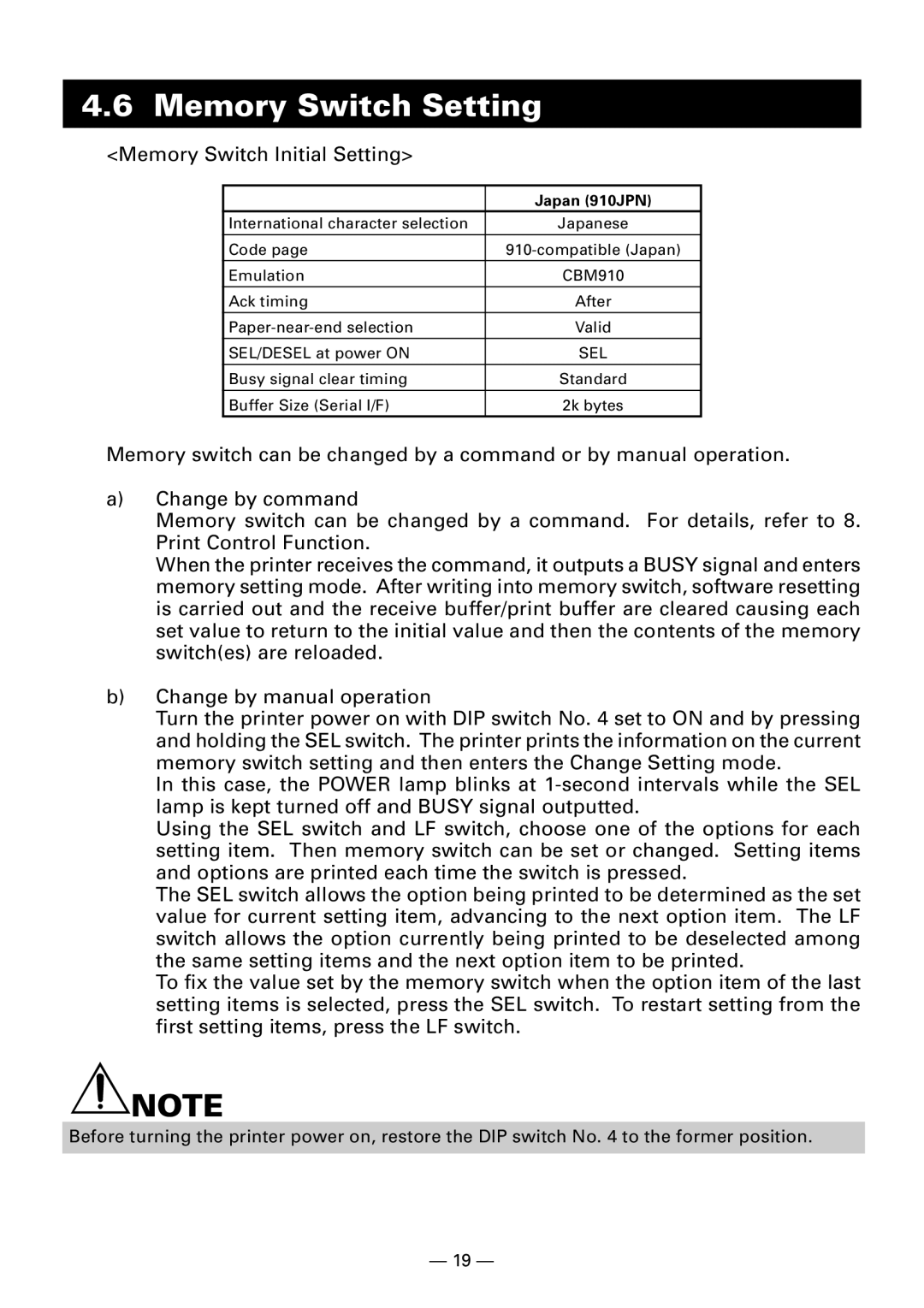 Citizen Systems CBM-910 Type II user manual Memory Switch Setting, Japan 910JPN 