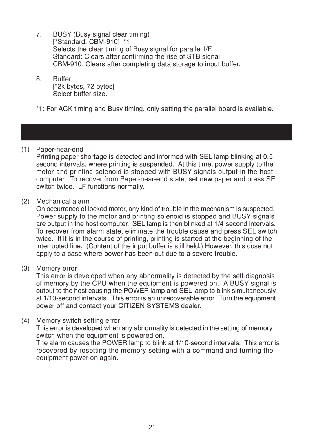 Citizen Systems CBM-910 Type II user manual Paper-Near-End, Mechanical Alarm, Memory Error 