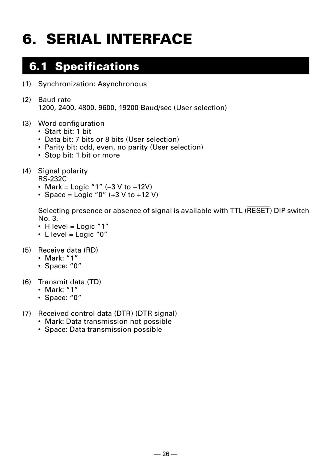 Citizen Systems CBM-910 Type II user manual Serial Interface, Specifications 