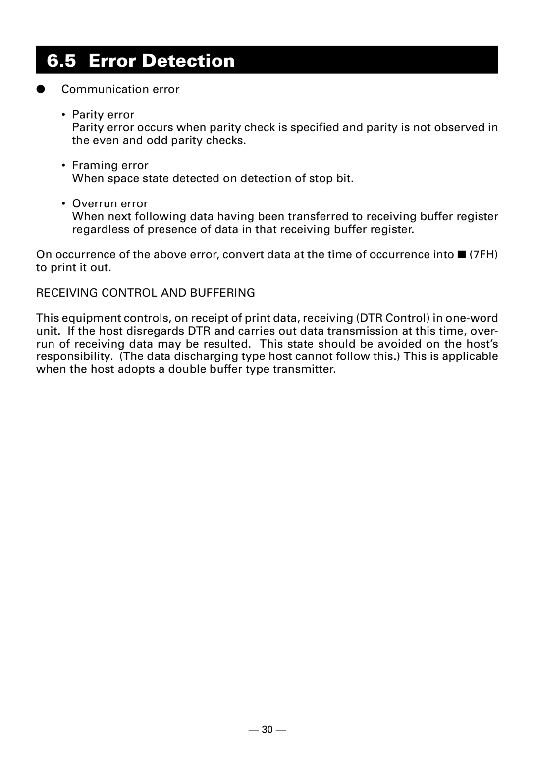 Citizen Systems CBM-910 Type II user manual Error Detection, Receiving Control and Buffering 