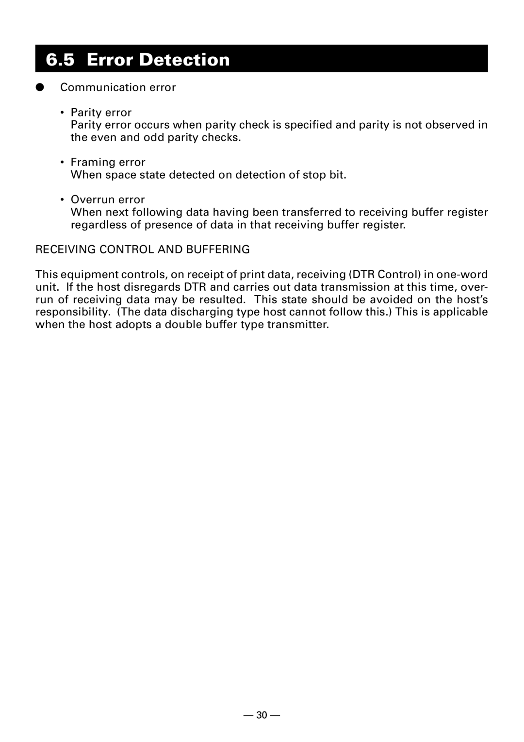 Citizen Systems CBM-910 manual Error Detection, Receiving Control and Buffering 