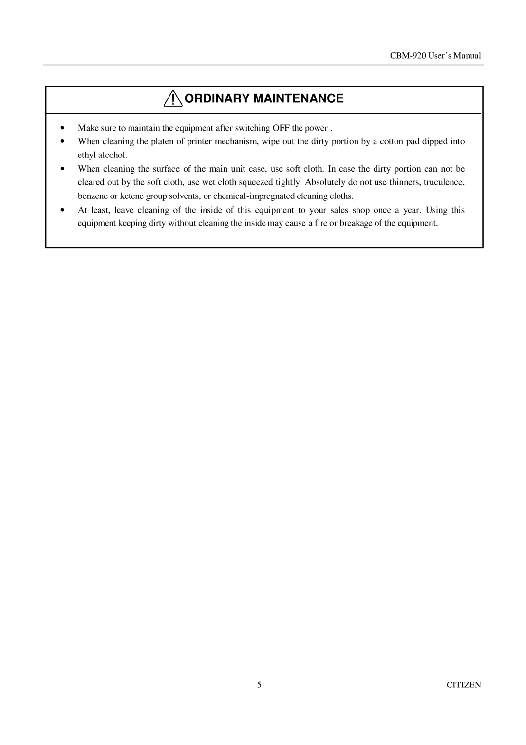 Citizen Systems CBM-920 manual Ordinary Maintenance 