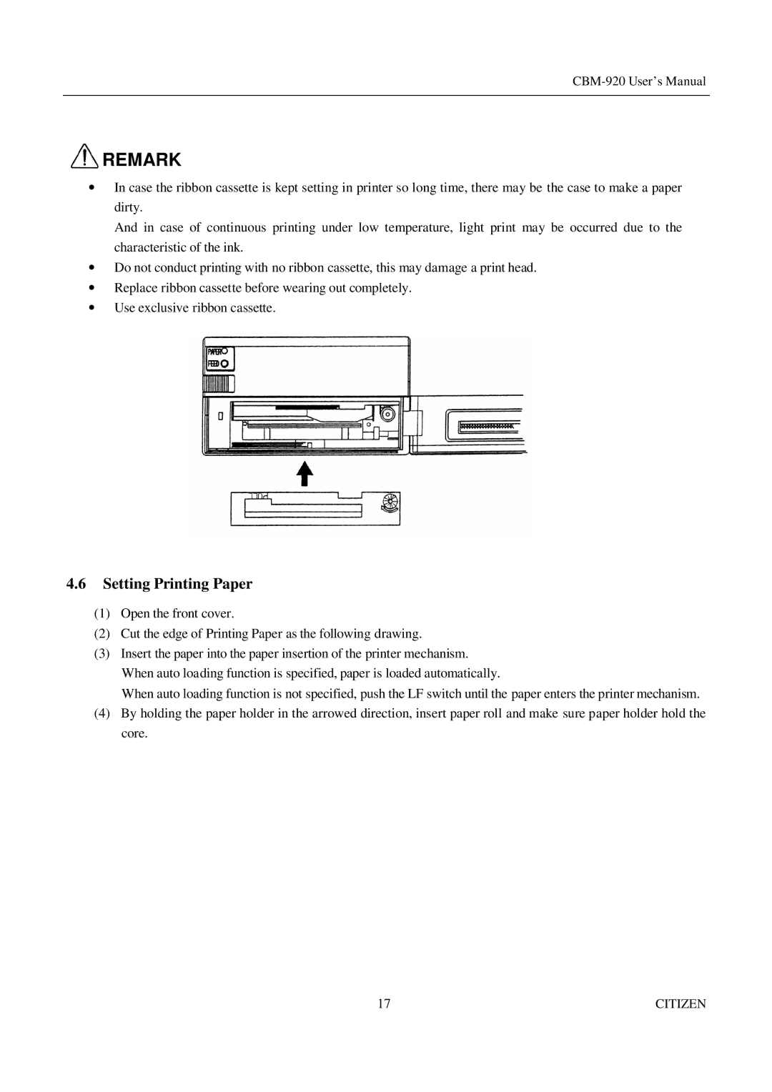 Citizen Systems CBM-920 manual Remark, Setting Printing Paper 