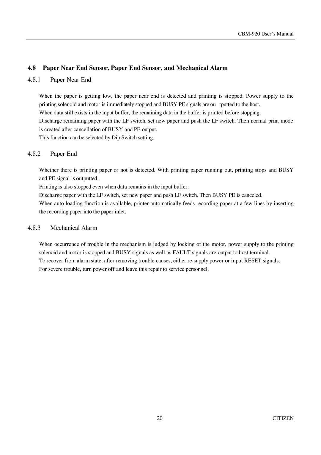 Citizen Systems CBM-920 manual Paper Near End 