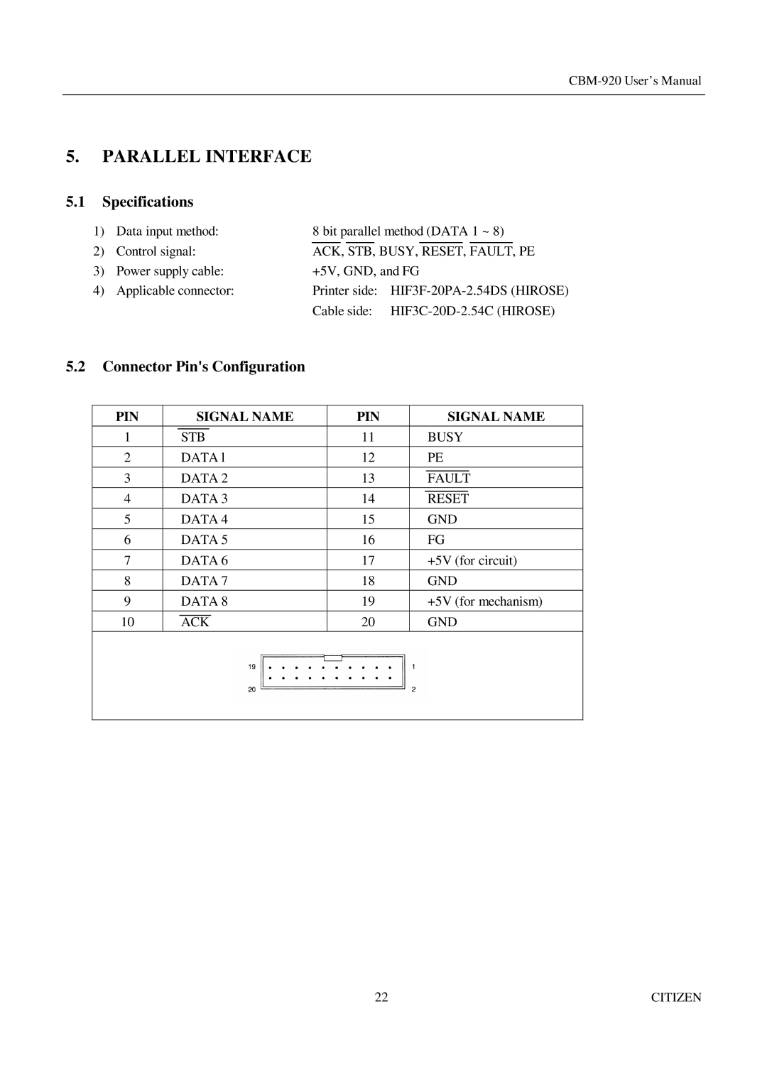 Citizen Systems CBM-920 manual Parallel Interface, Connector Pins Configuration 