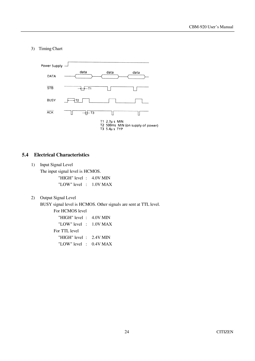 Citizen Systems CBM-920 manual Electrical Characteristics 