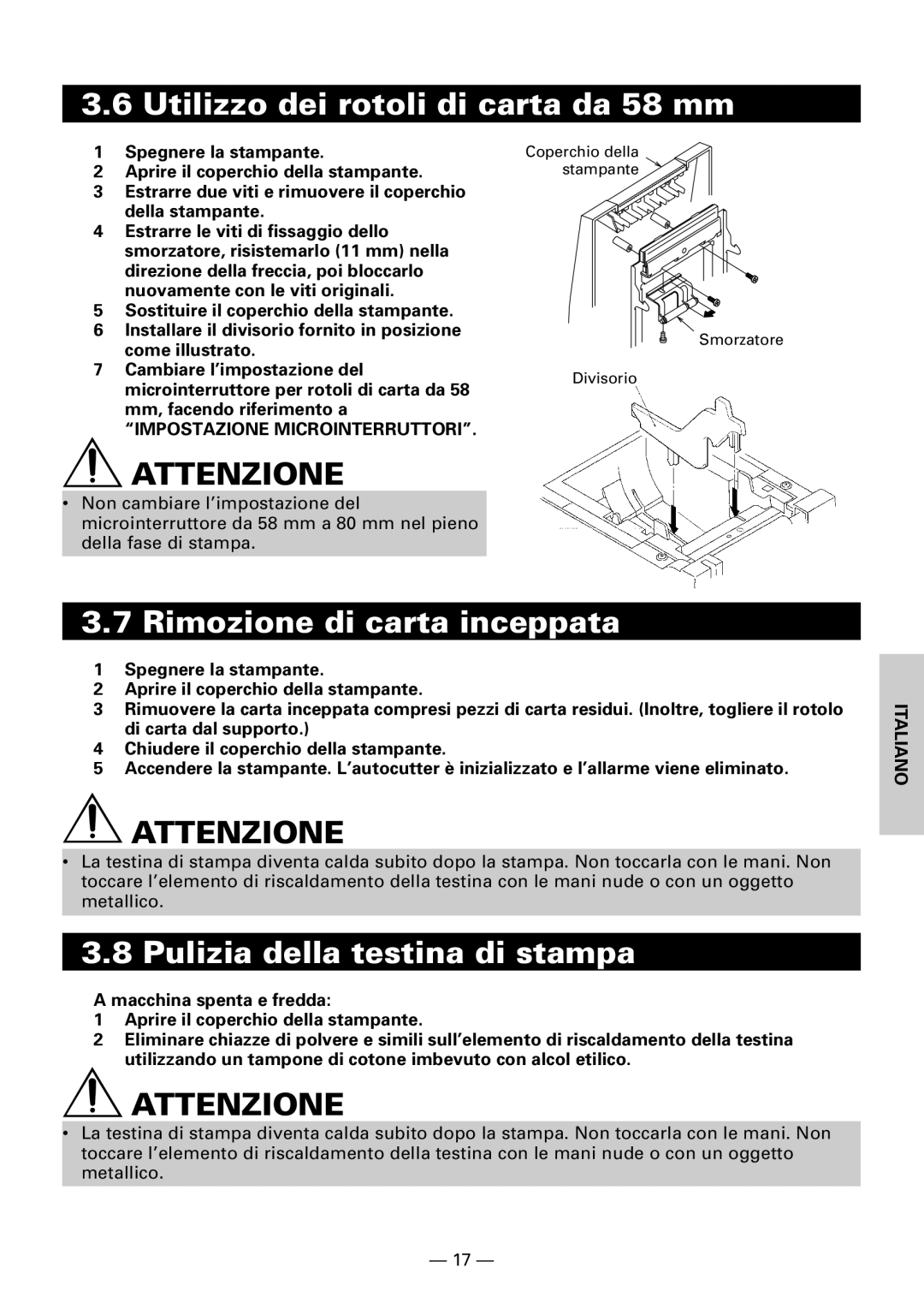 Citizen Systems CBM1000 user manual Utilizzo dei rotoli di carta da 58 mm, Rimozione di carta inceppata 