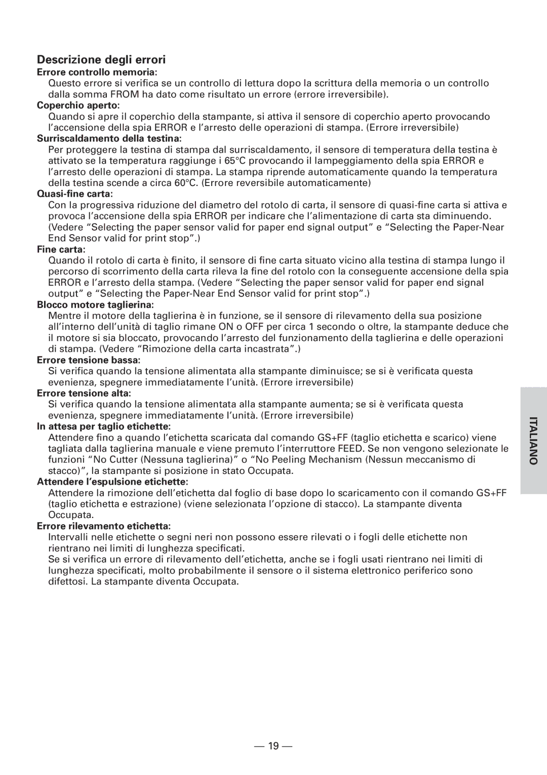 Citizen Systems CBM1000 user manual Descrizione degli errori, Errore controllo memoria 