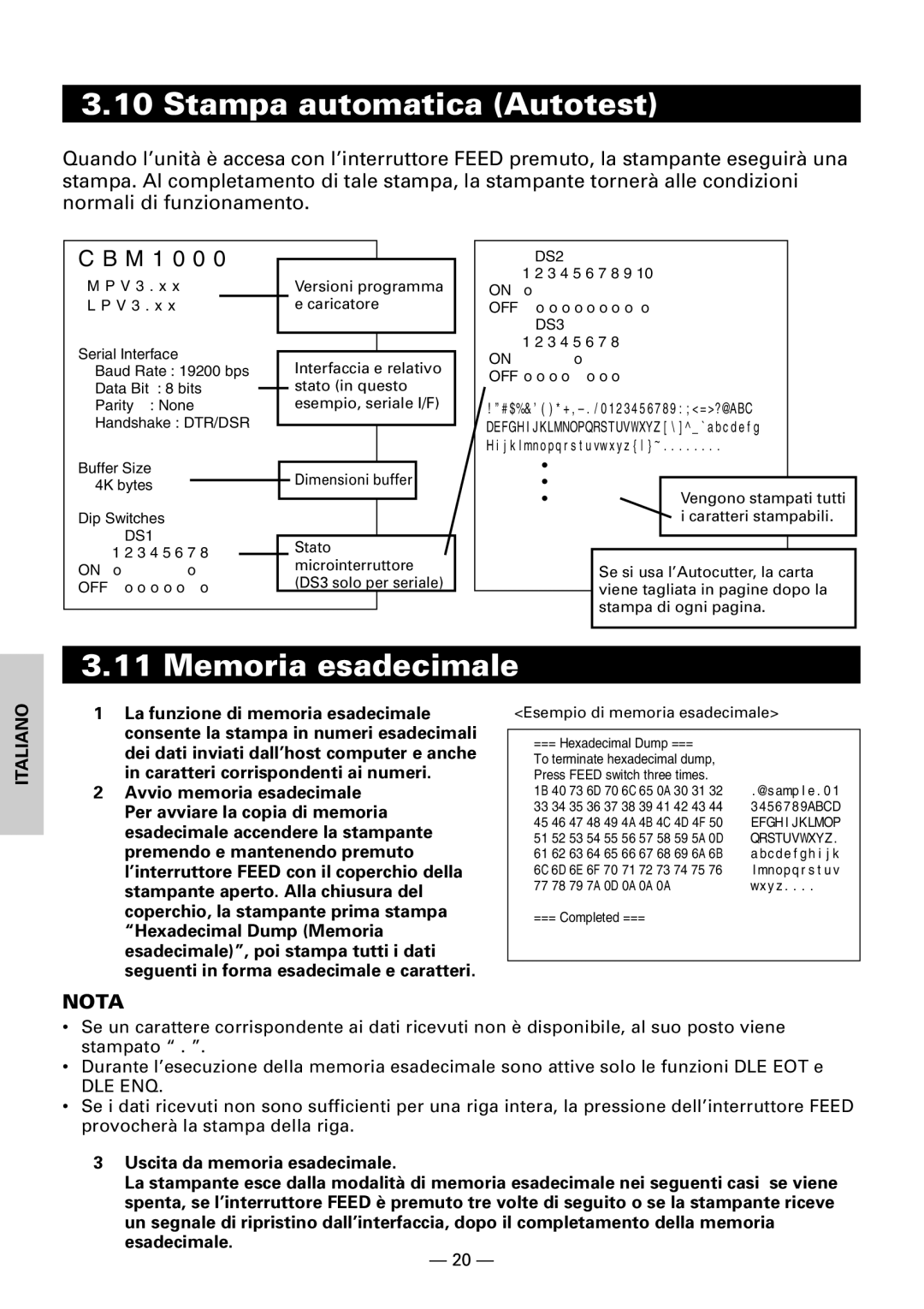 Citizen Systems CBM1000 user manual Stampa automatica Autotest, Memoria esadecimale 