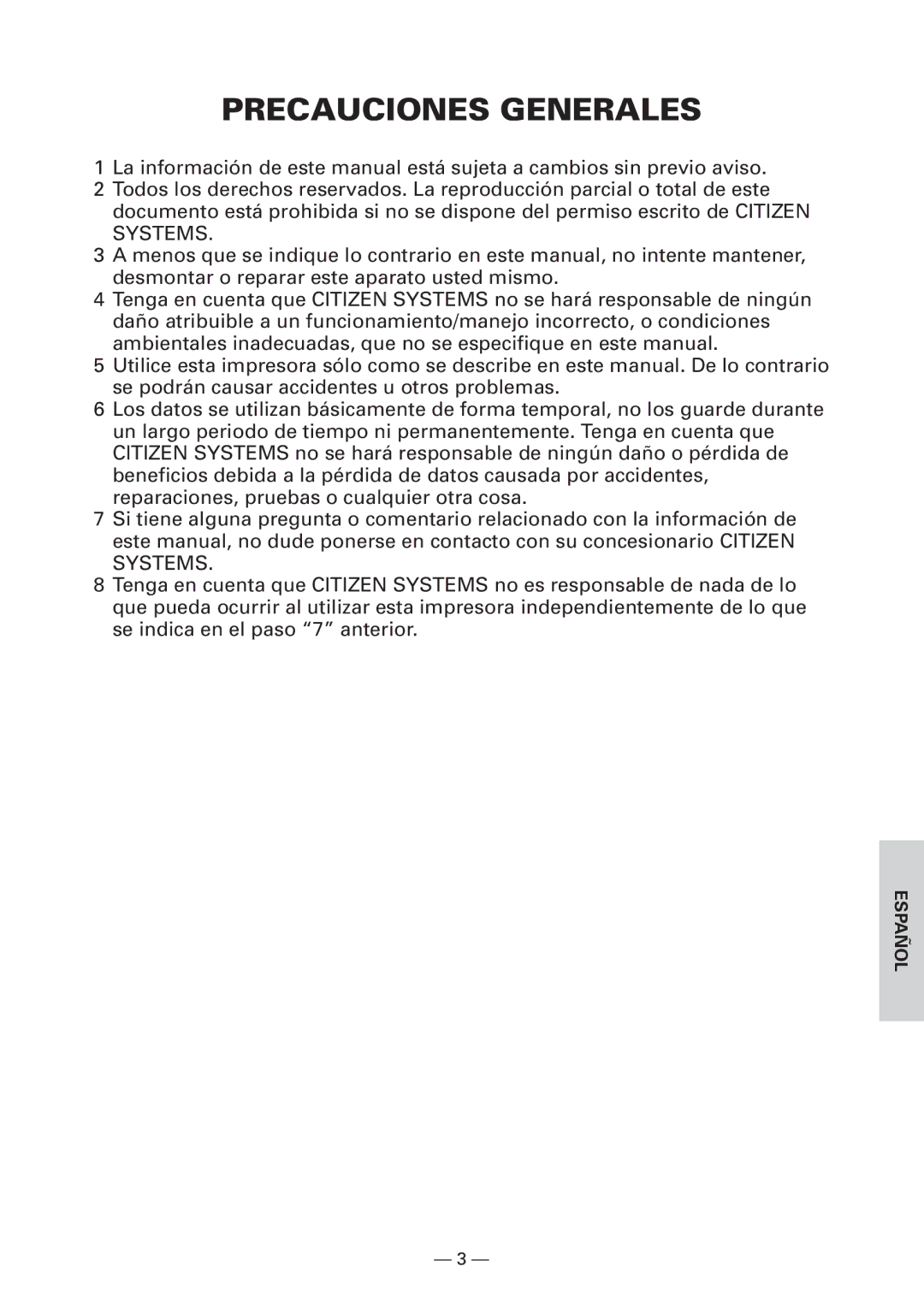 Citizen Systems CBM1000 user manual Precauciones Generales 