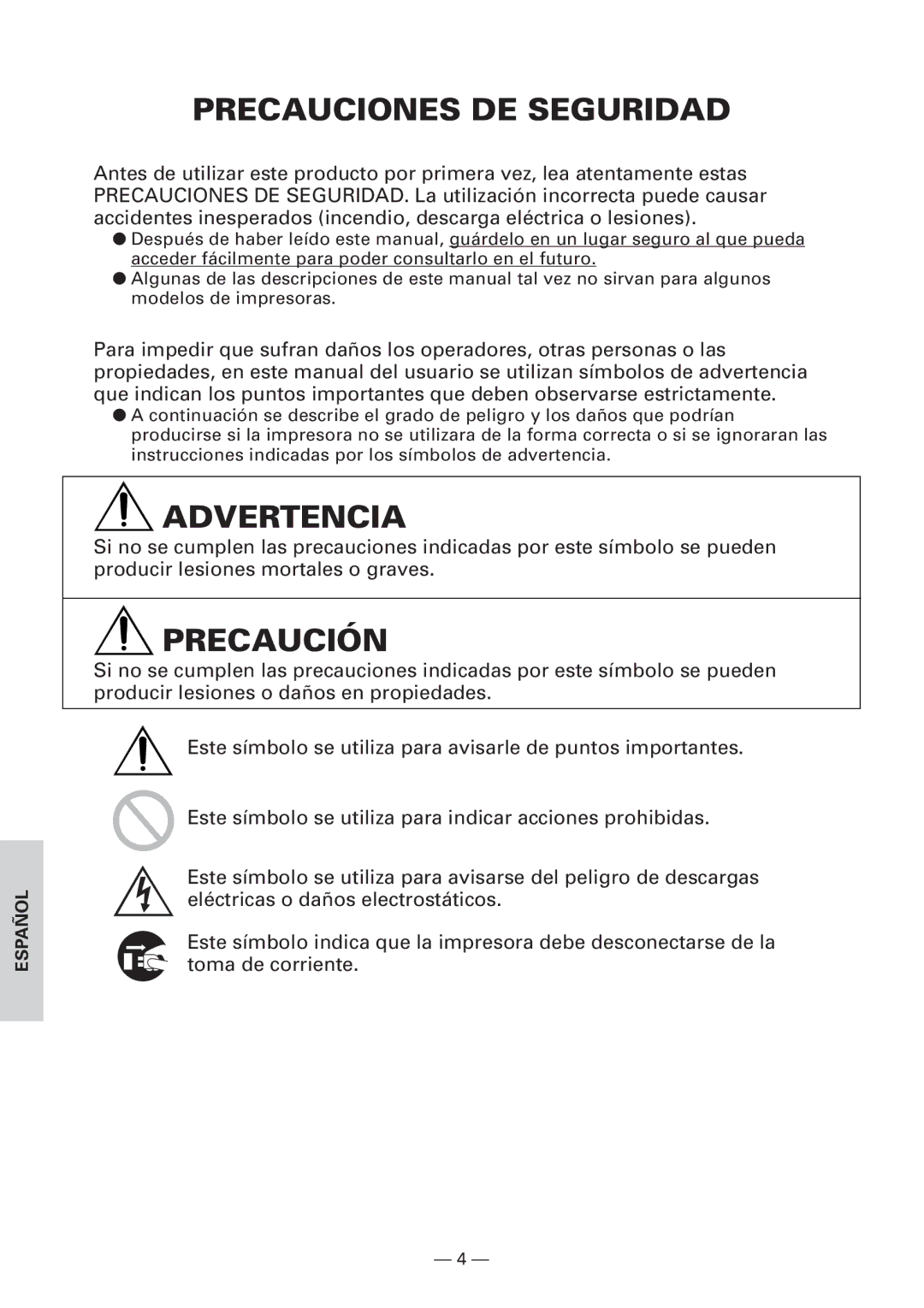 Citizen Systems CBM1000 user manual Precauciones DE Seguridad, Advertencia, Precaución 