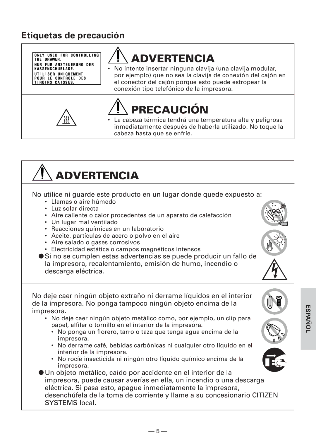 Citizen Systems CBM1000 user manual Etiquetas de precaución 