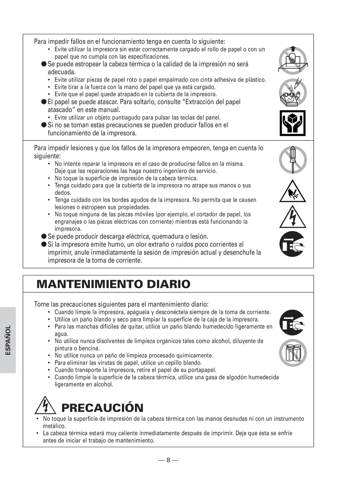 Citizen Systems CBM1000 user manual Mantenimiento Diario, Se puede producir descarga eléctrica, quemadura o lesión 