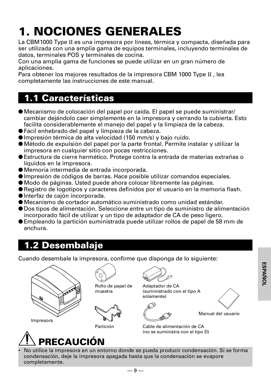 Citizen Systems CBM1000 user manual Nociones Generales, Características, Desembalaje 