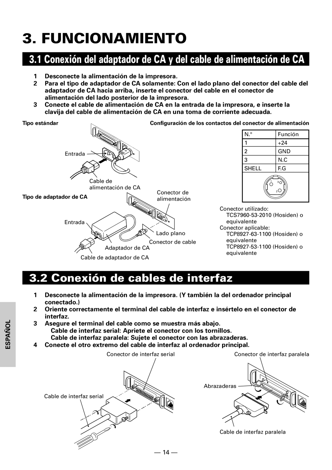 Citizen Systems CBM1000 user manual Funcionamiento, Conexión de cables de interfaz, Tipo estándar, Tipo de adaptador de CA 