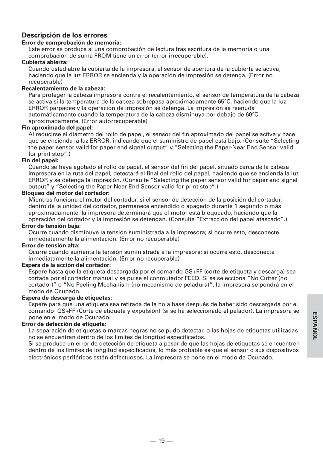 Citizen Systems CBM1000 user manual Descripción de los errores, Error de comprobación de memoria 