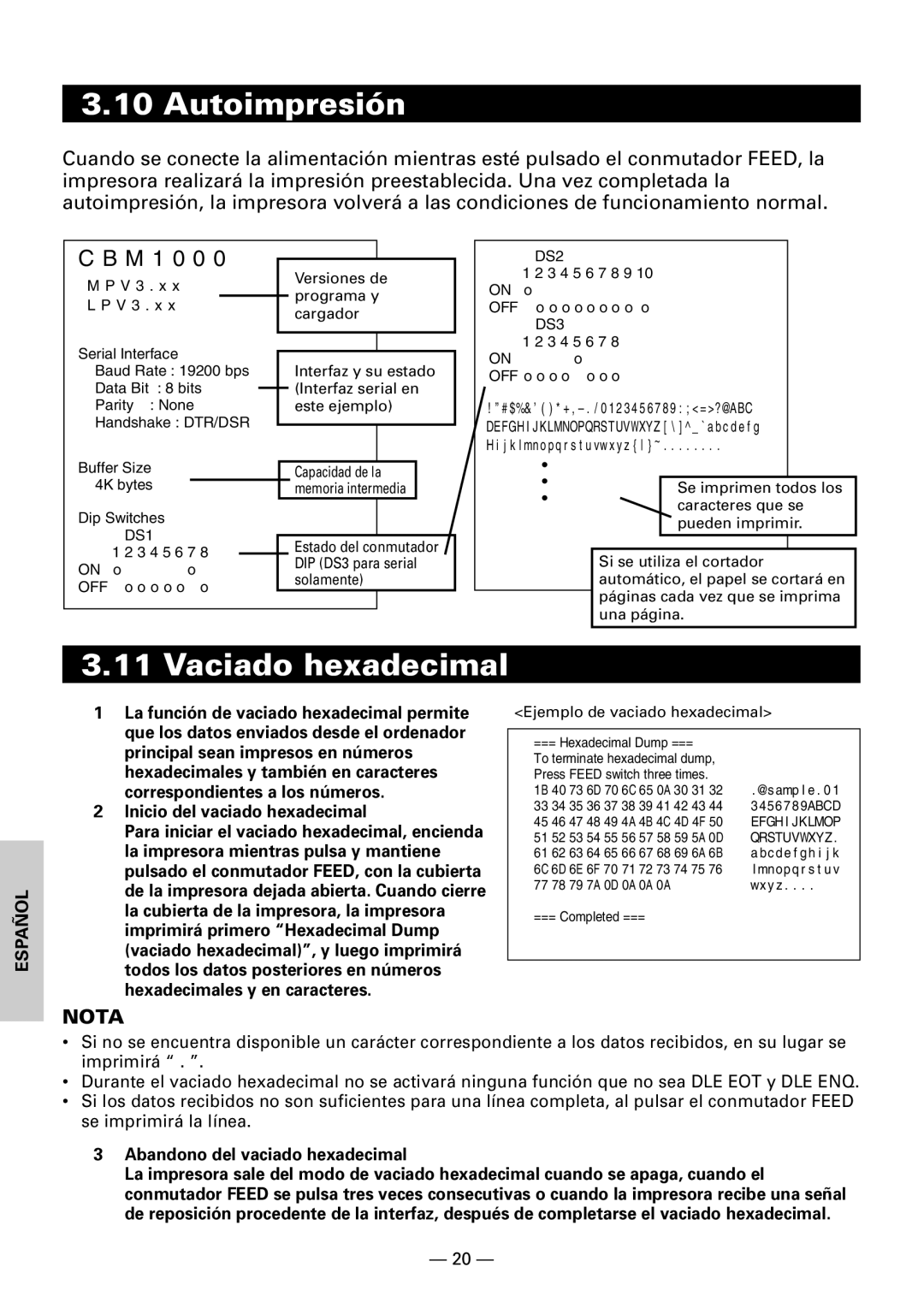 Citizen Systems CBM1000 user manual Autoimpresión, Vaciado hexadecimal, Inicio del vaciado hexadecimal 