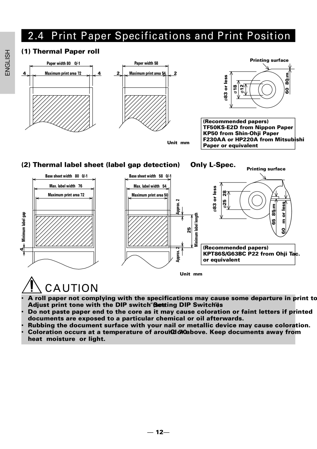 Citizen Systems CBM1000 user manual Print Paper Specifications and Print Position, Thermal Paper roll 