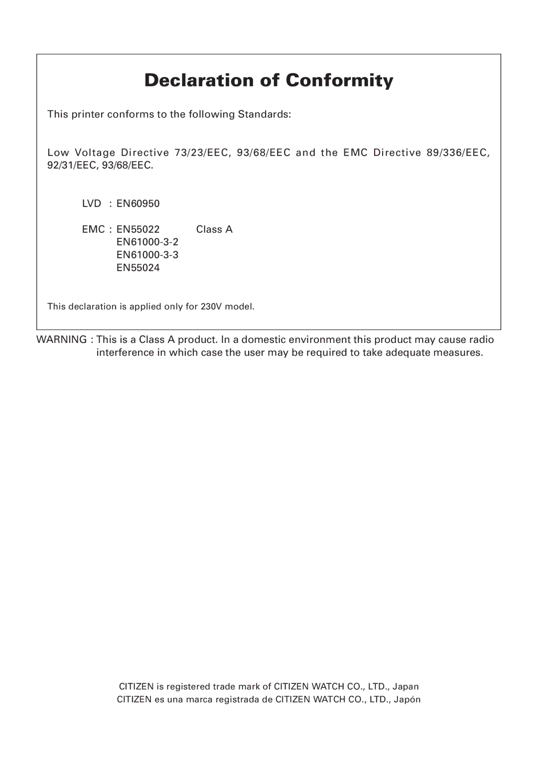 Citizen Systems CBM1000 user manual Declaration of Conformity 