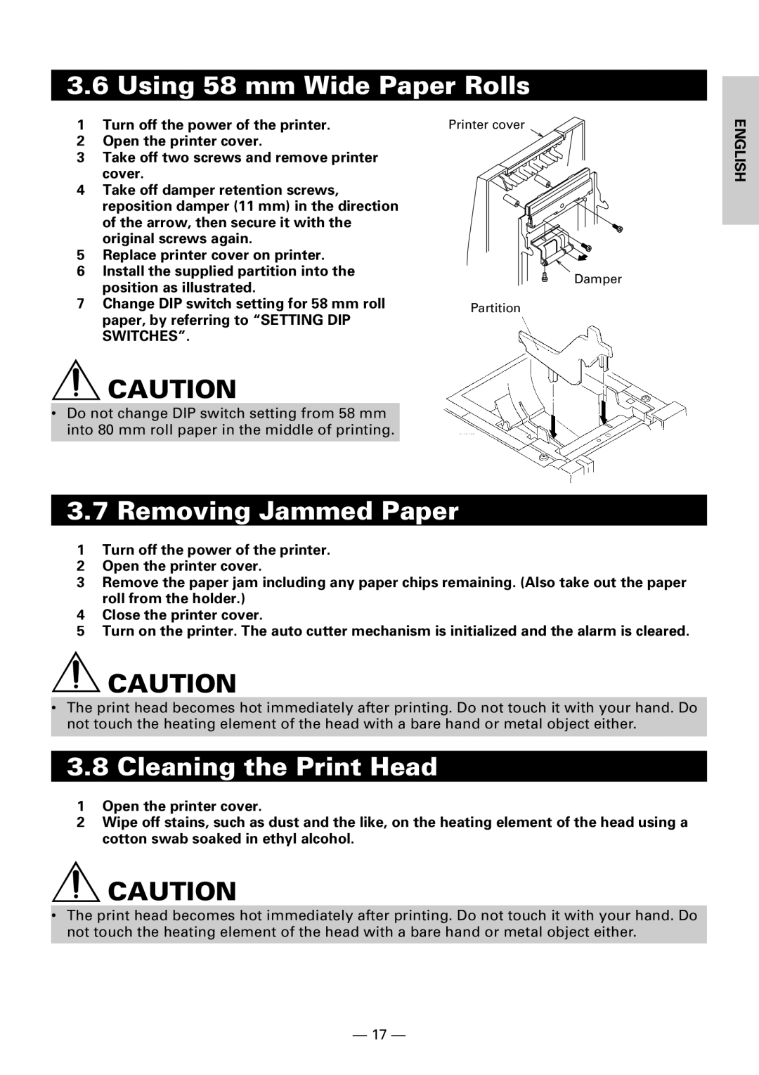 Citizen Systems CBM1000 user manual Using 58 mm Wide Paper Rolls, Removing Jammed Paper, Cleaning the Print Head 