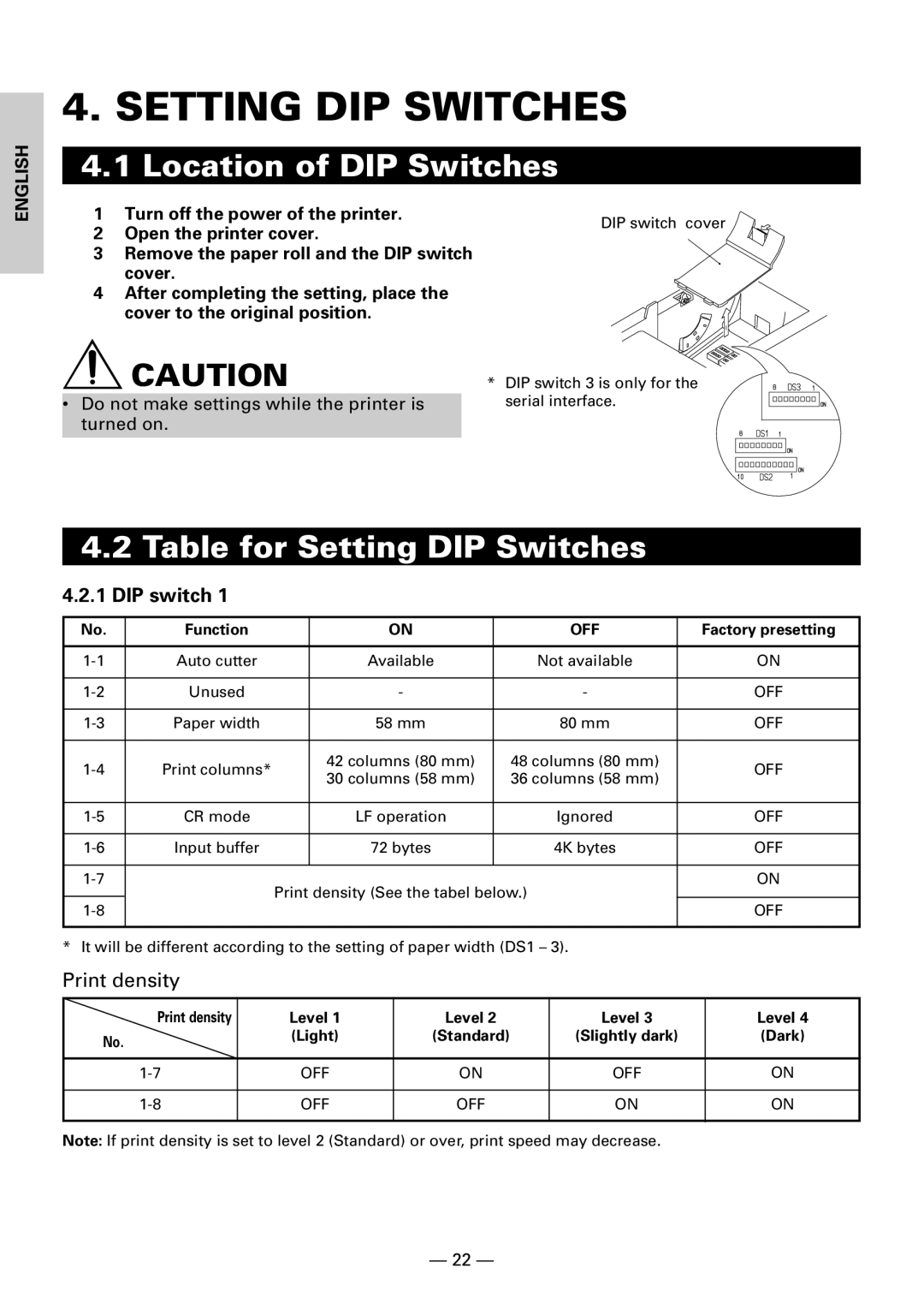 Citizen Systems CBM1000 user manual Location of DIP Switches, Table for Setting DIP Switches, DIP switch, Print density 