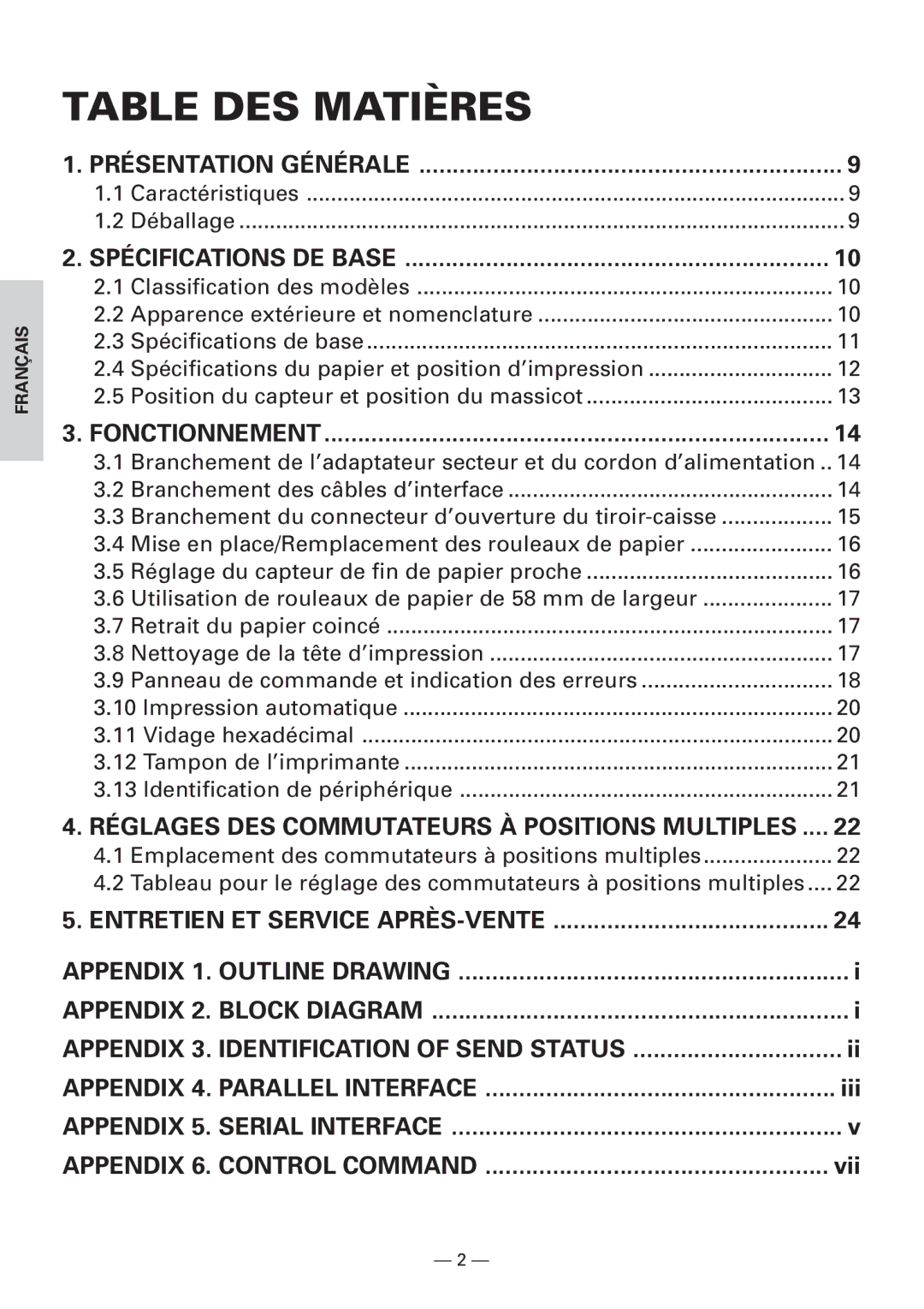 Citizen Systems CBM1000 Table DES Matières, Caractéristiques Déballage, Classification des modèles, Spécifications de base 