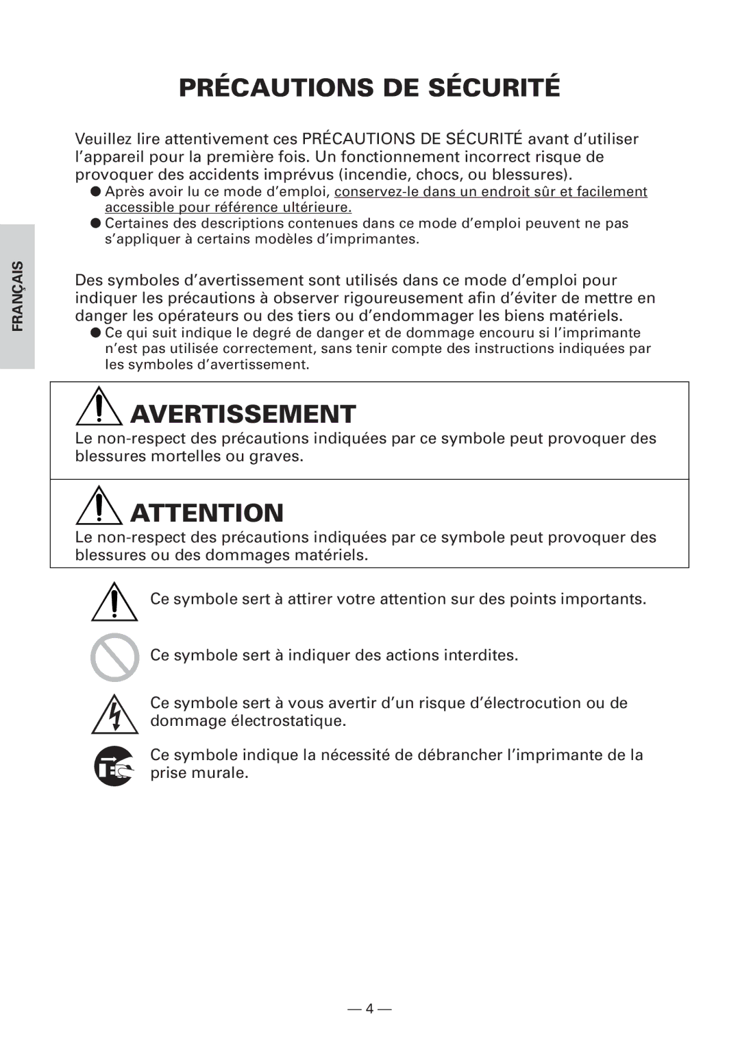 Citizen Systems CBM1000 user manual Précautions DE Sécurité, Avertissement 