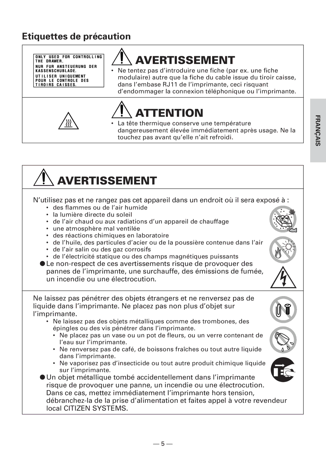 Citizen Systems CBM1000 user manual Etiquettes de précaution 