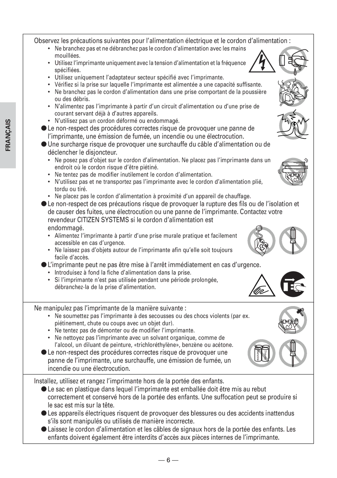 Citizen Systems CBM1000 user manual Endommagé, Ne manipulez pas l’imprimante de la manière suivante 