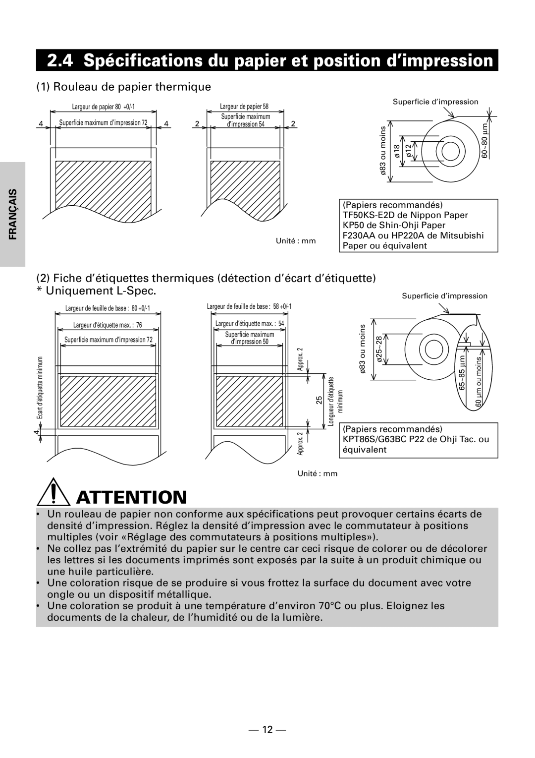 Citizen Systems CBM1000 user manual Spécifications du papier et position d’impression, Rouleau de papier thermique 