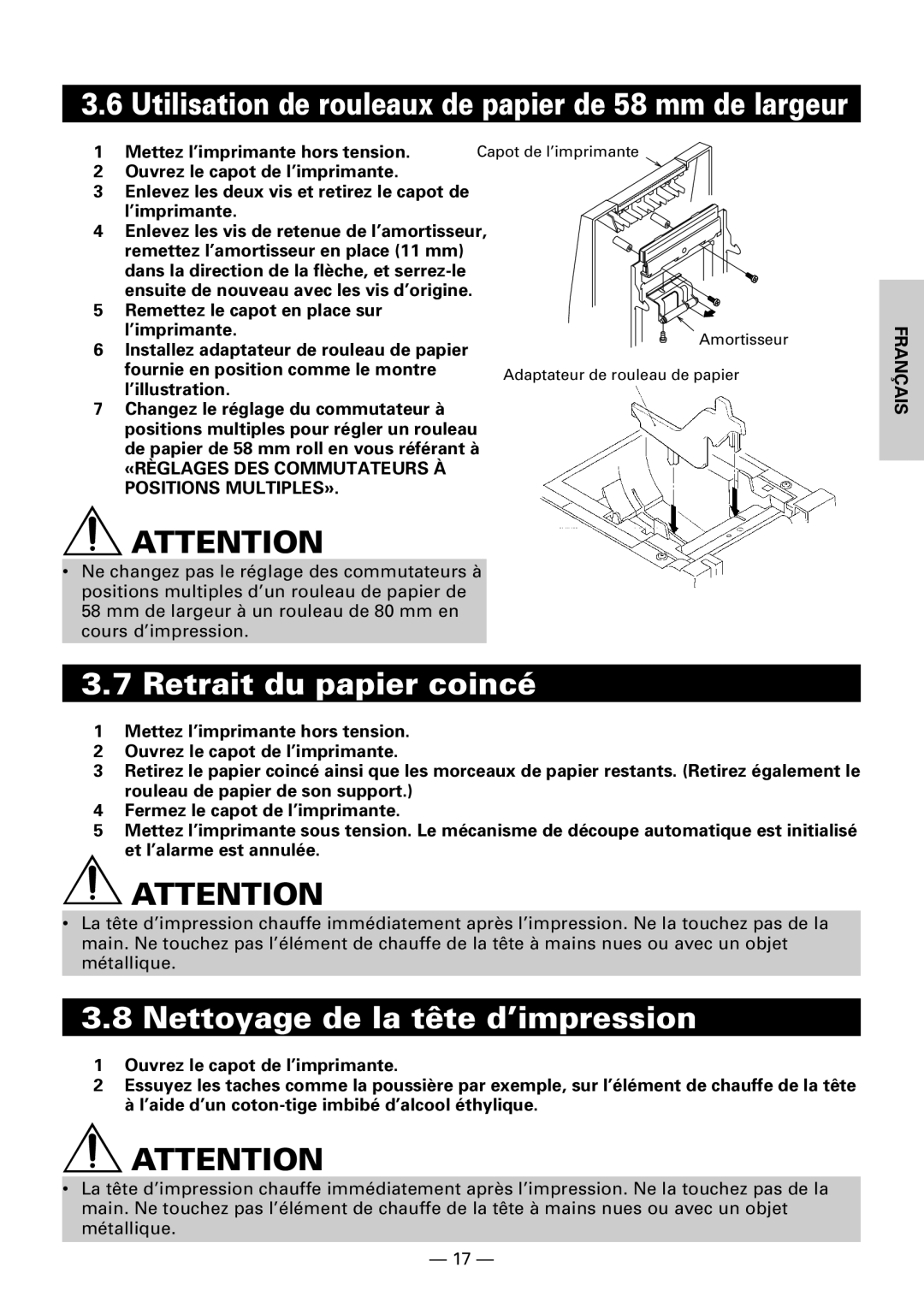 Citizen Systems CBM1000 user manual Retrait du papier coincé, Nettoyage de la tête d’impression 