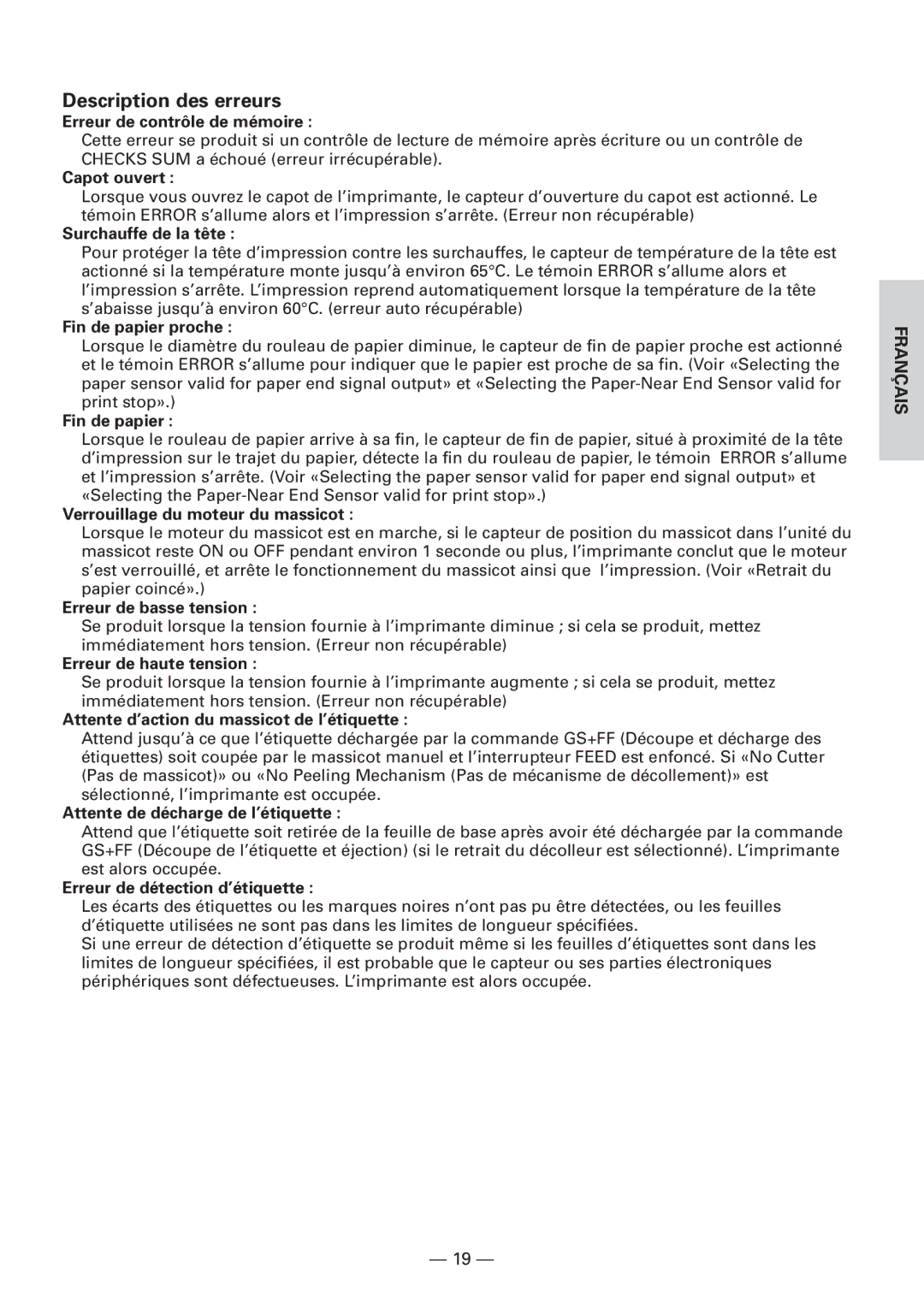 Citizen Systems CBM1000 user manual Description des erreurs, Erreur de contrôle de mémoire 