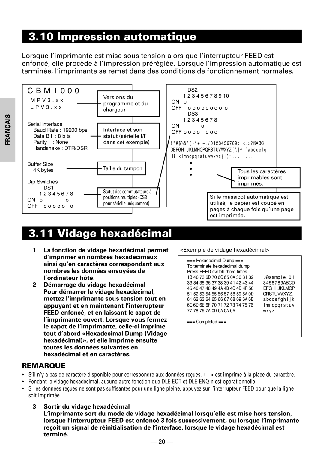 Citizen Systems CBM1000 user manual Impression automatique, Vidage hexadécimal 