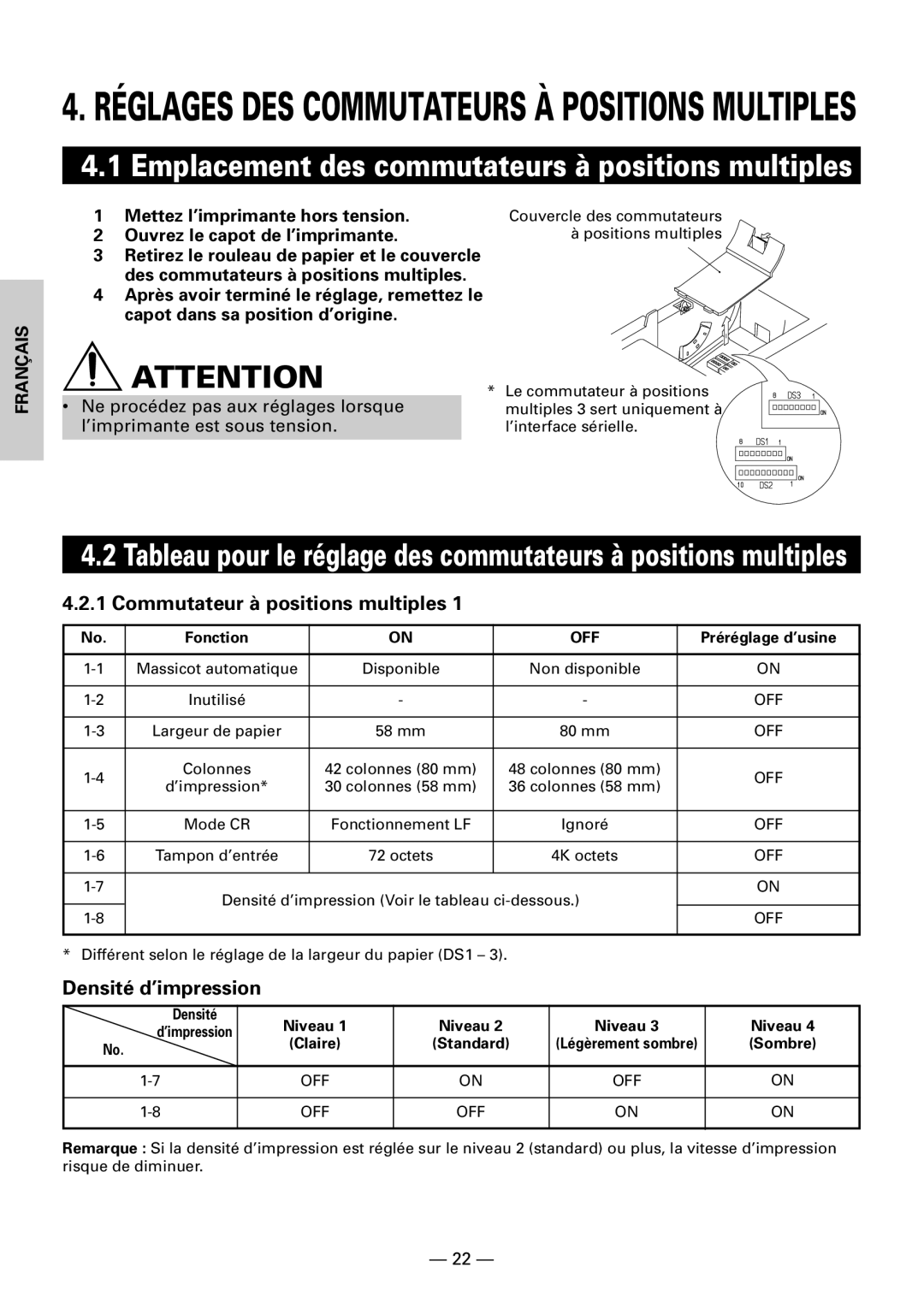 Citizen Systems CBM1000 Commutateur à positions multiples, Densité d’impression, Mettez l’imprimante hors tension 